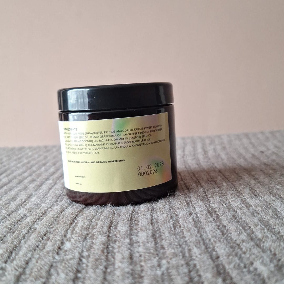 Jar with a label on a textured surface